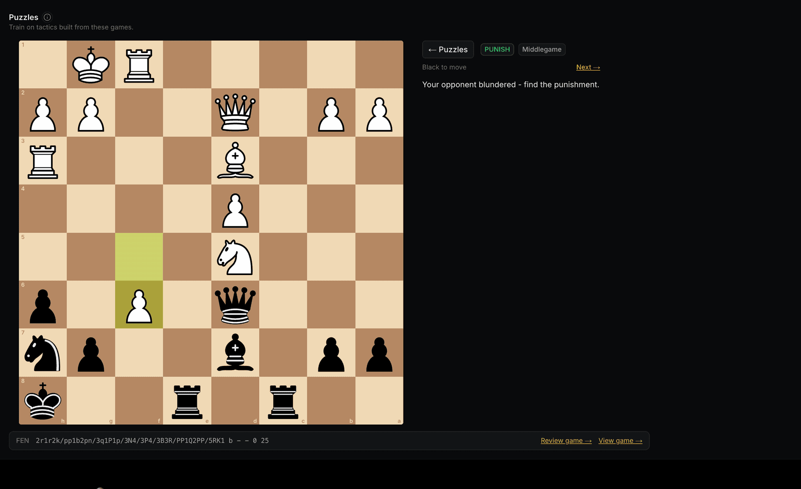 Audit Chess puzzle built from a real game: a PUNISH puzzle where the opponent blundered and Black to move must find the refutation